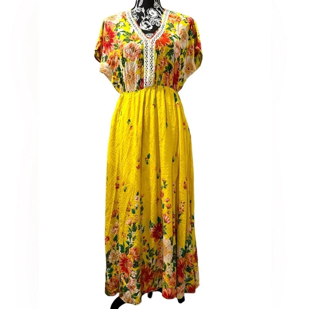 Farm Rio Anthropologie Floral Maxi Dress Yellow Boho Petite
